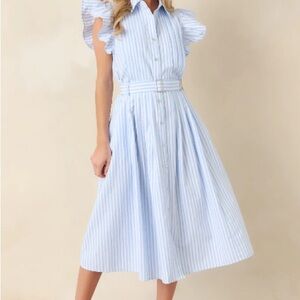 entro Blue & White Stripe Belted Midi Dress